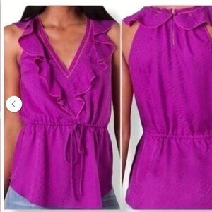 Rebecca Taylor sleeveless v-neck 100% silk flounce blouse w/ waist tie. Size 10